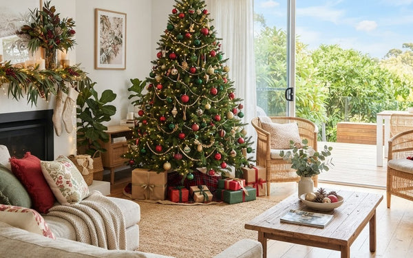 Christmas tree styled in a classic red and green palette in a bright Australian living room