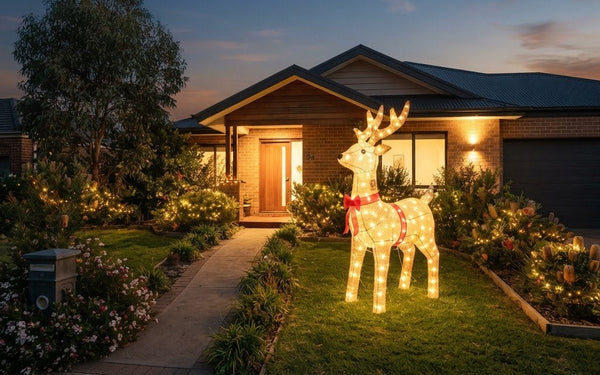 Christmas inflatable reindeer as the centrepiece of an Australian front-yard display