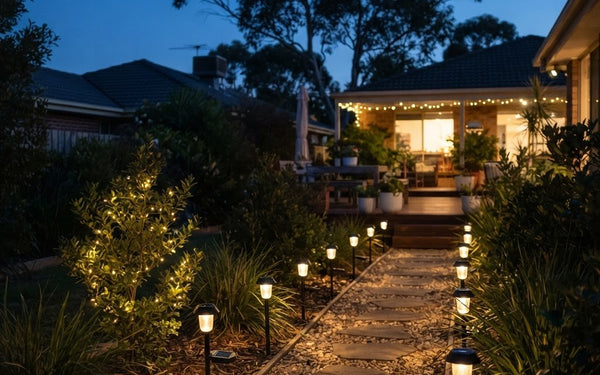 Solar Christmas lights glowing at dusk in an Australian backyard