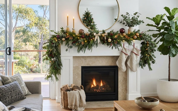 Christmas garland styled along a mantel in an Australian home