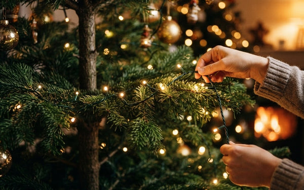 Putting warm white lights on a Christmas tree from the trunk out