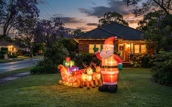 Inflatable Santa Claus with sleigh glowing at dusk on an Australian front lawn