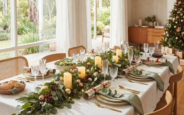 A fully set Christmas table with a greenery runner, gold and red decorations and candles in a sunlit Australian dining room