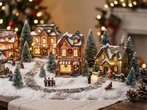 Miniature lit Christmas village houses and figurines on a tabletop