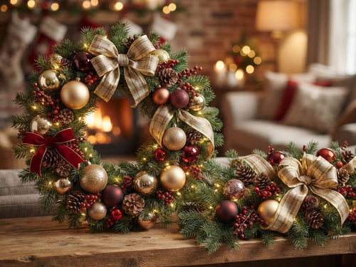 Christmas wreath and matching garland with baubles and gold ribbon
