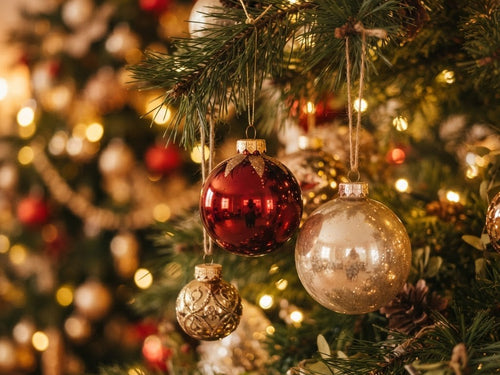 Glossy red and gold Christmas baubles on a pine branch