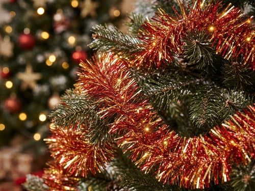 Sparkling red and gold tinsel garland on a Christmas tree