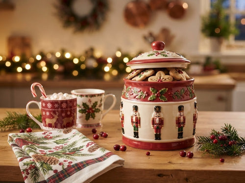 Christmas cookie jar, tea towels and mugs on a kitchen counter