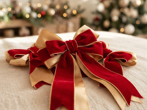 Elegant red velvet and gold satin Christmas bows with ribbon