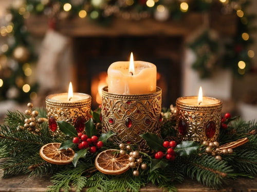 Glowing Christmas candles in gold and red holders with pine