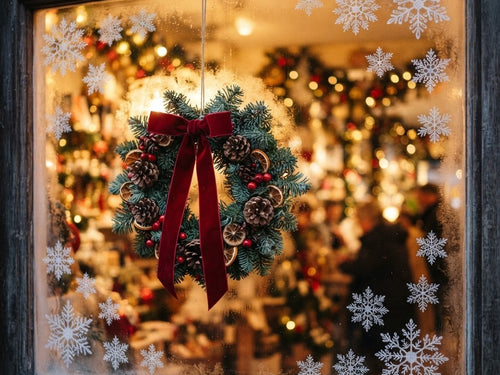 Frosted window with snowflake decals and a small wreath