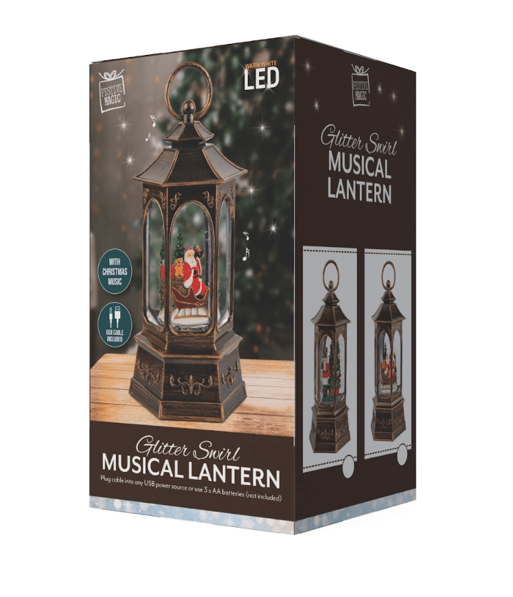 LED Glitter Swirl Musical Hex Lantern USB 2 Asst