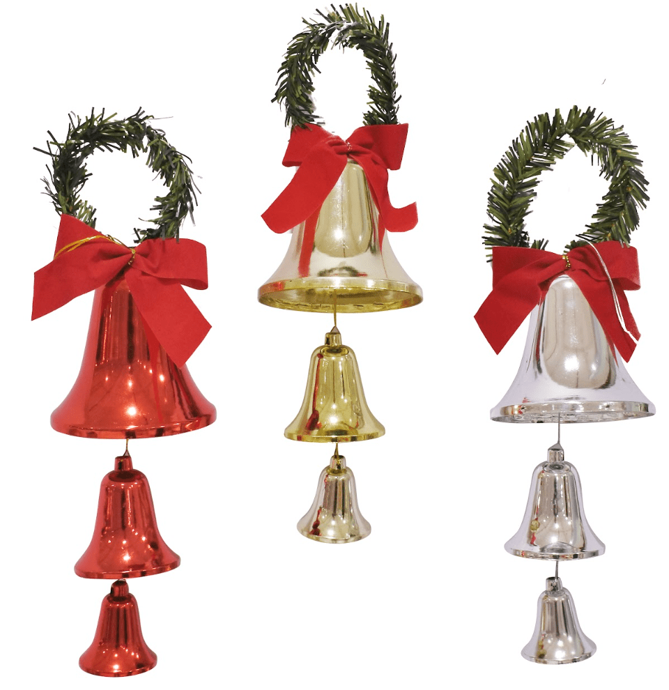 3pc Shiny Bells with Bow and Tinsel Hanger