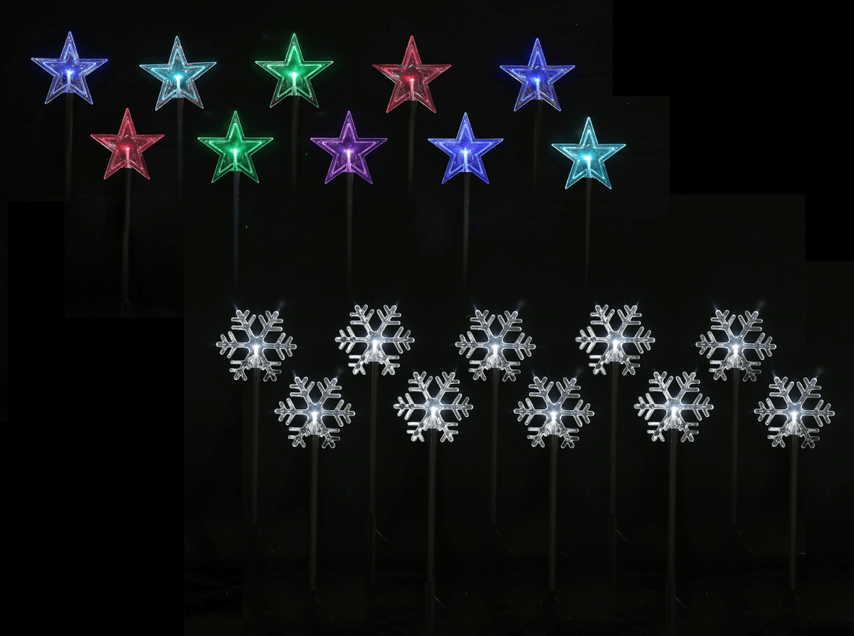 LED Battery Stakes Snowflakes/Stars 5pc White with Timer