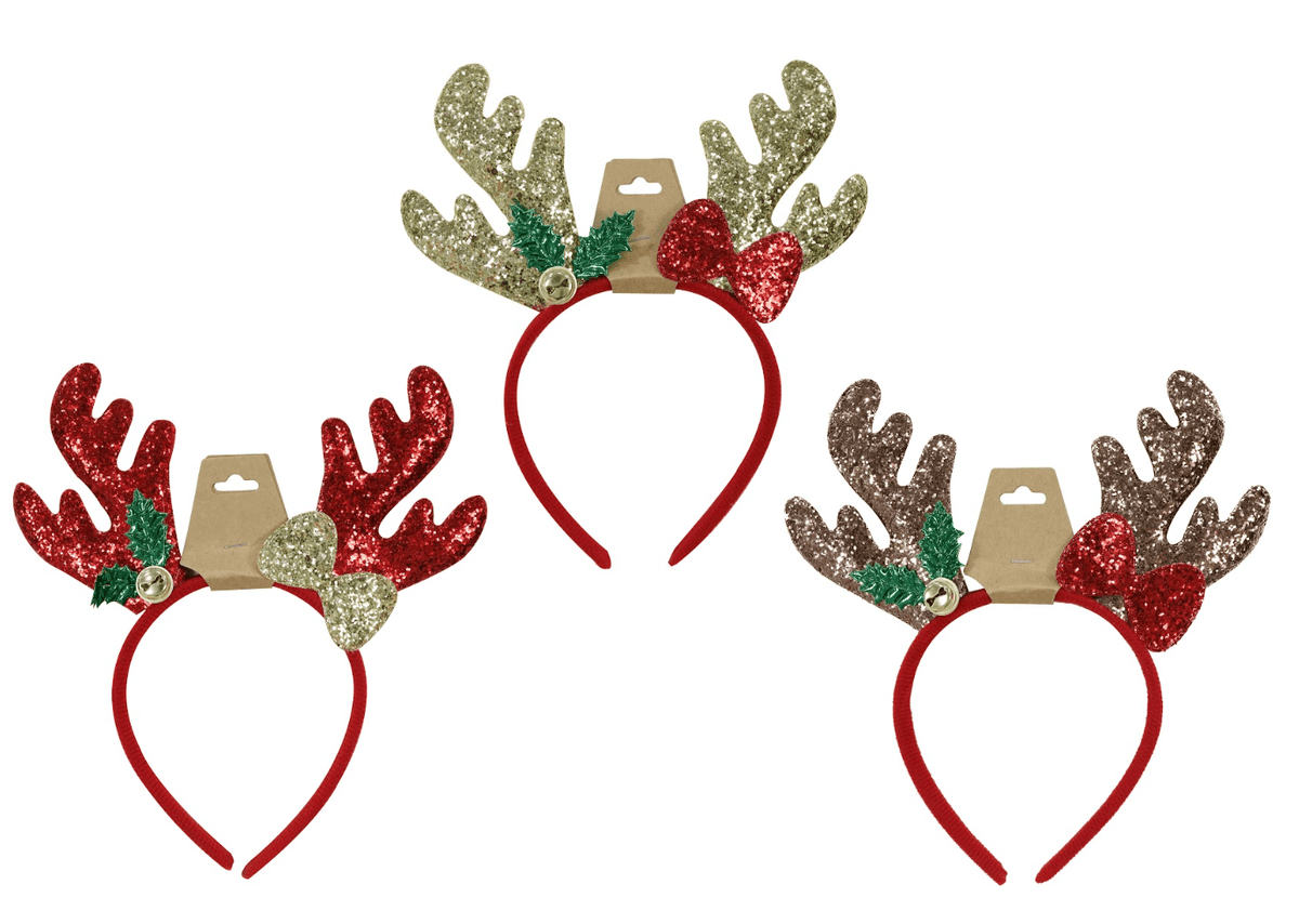 Glitter Antlers with Holly Bow Headband 3 Asst