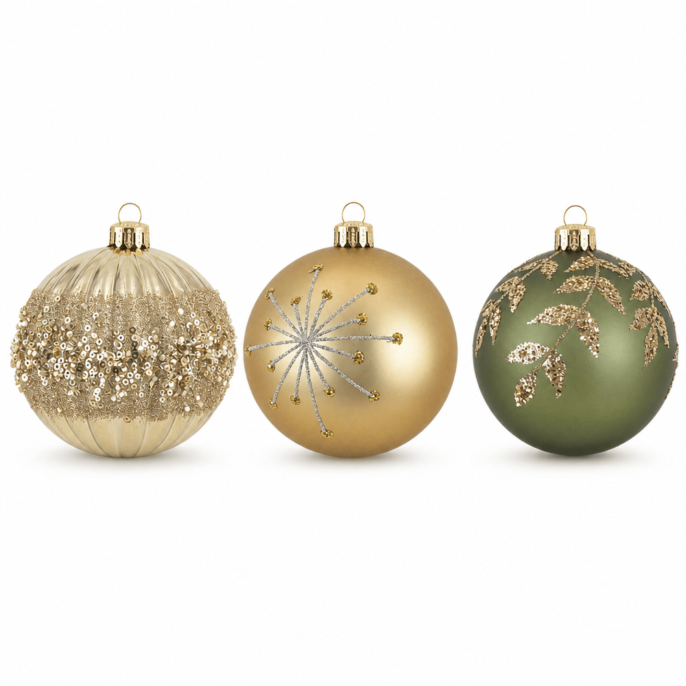 Sage or Champagne Bauble with Glitter Detail (10cm)