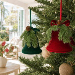 Burgundy & Emerald Flocked Bell Ornament (12.5x16cm)