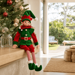 Hanging Poseable Elf styled in an Australian Christmas setting