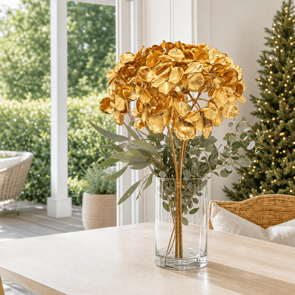 Gold Metallic Flower Bouquet Stem arranged in a glass vase