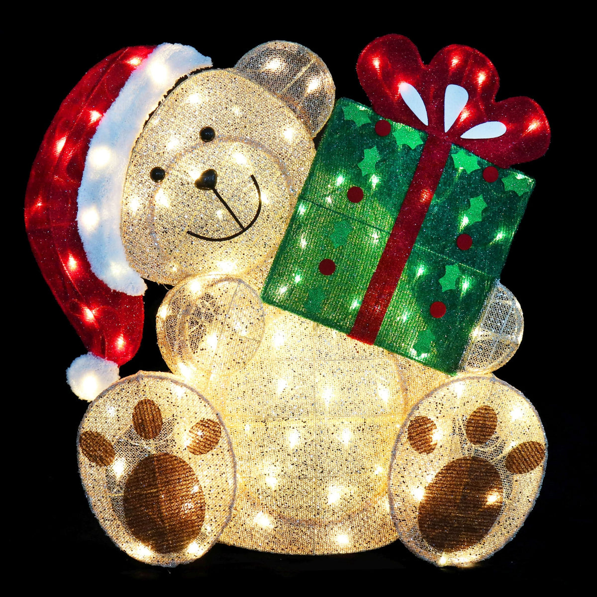 LED Glitter Mesh Teddy Bear with Present Motif Warm White