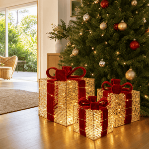 LED Metallic Stripe Present Gold and Burgundy 3pc