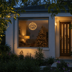 LED Christmas Time Pendant Light Motif (30cm) hanging in a front window at night