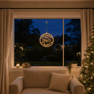 LED Christmas Time Pendant Light Motif (30cm) glowing in a living room window at night