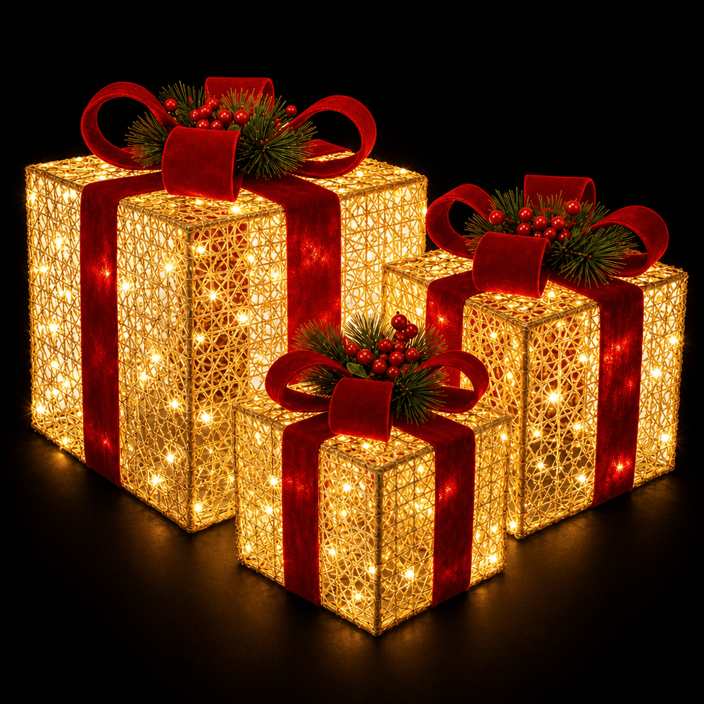 LED Gold and Burgundy Presents (3pc)