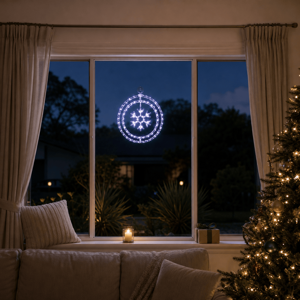 LED Crystal Rings w/Motif White Snowflake glowing in a living room window at night