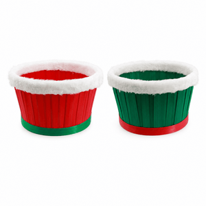Plush Trim Christmas Bucket (24cm) - Red and Green