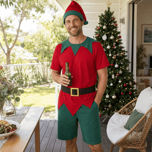 Adult Summer Elf Suit Set 4pc worn at an Australian Christmas party