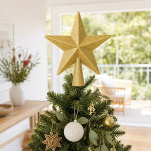 Glitter Star Tree Topper Gold (19cm) styled in an Australian Christmas setting