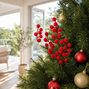 Red Flocked Berry Branch on a decorated Christmas tree