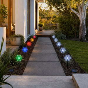 LED Solar Snowflake Path Lights 5pk styled in an Australian Christmas setting