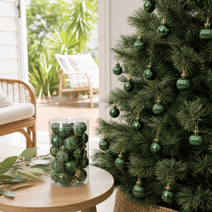 Evergreen Bauble Pack 25pk styled in an Australian Christmas setting