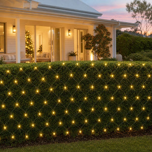 LED Warm White Net Light (9.6m) styled in an Australian Christmas setting