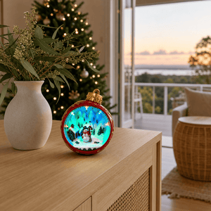 LED Musical Red Christmas Bauble Scene styled in an Australian Christmas setting