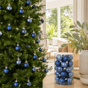 Navy Bauble Pack 25pk styled in an Australian Christmas setting