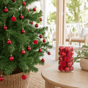 Red Bauble Pack 25pk styled in an Australian Christmas setting