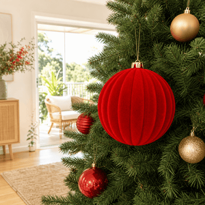 Red Flocked Ribbed Bauble styled in an Australian Christmas setting