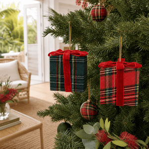 Tartan Present Ornament styled in an Australian Christmas setting