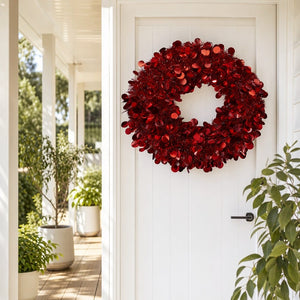 Red Tinsel Wreath styled in an Australian Christmas setting