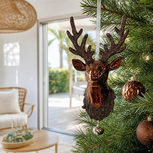 Copper Reindeer Head Ornament on a decorated Christmas tree