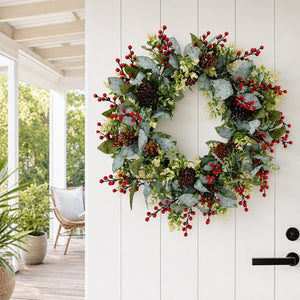 White Berry and Pinecone Leafy Wreath styled in an Australian Christmas setting