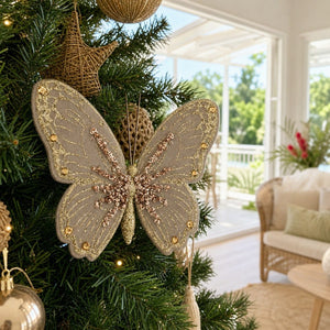 Grey Velvet Butterfly on a decorated Christmas tree