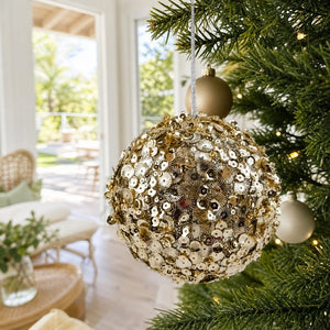 Champagne Sequins Bauble on a decorated Christmas tree