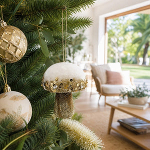 Champagne Mushroom Ornament on a decorated Christmas tree