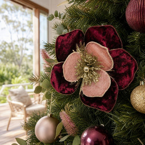 Pink and Plum Floral Clip on a decorated Christmas tree