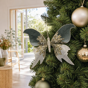 Winter Sage Butterfly Clip on a decorated Christmas tree