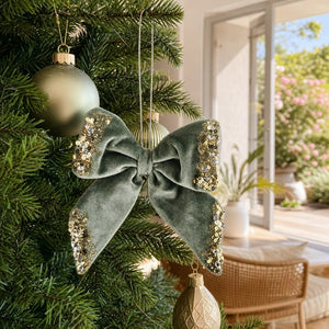 Winter Sage Bow Ornament on a decorated Christmas tree